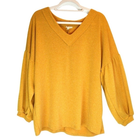 1.4.3. Story Knit French Terry Golden Mustard Balloon Sleeve V Neck Top, Size 3X - Picture 1 of 6